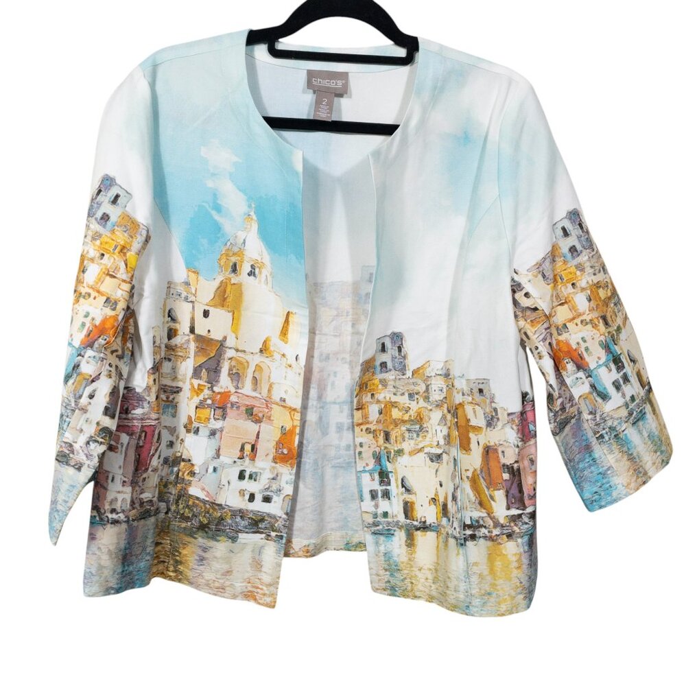 Chico's Unique Watercolor European City Open Blazer Travel SZ L Vacation Wear